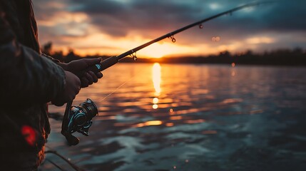 A person fishes with a rod, at the edge of a still lake reflecting sunset colors