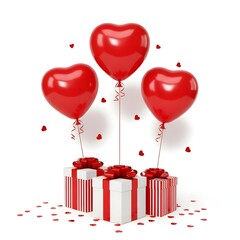 Three heart-shaped balloons floating above gift boxes isolated on white background