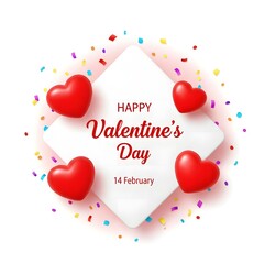 Happy valentine's day card with hearts and confetti isolated on white background