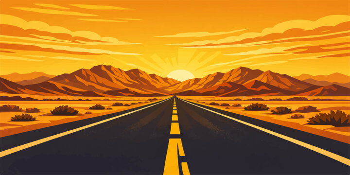 An empty asphalt highway stretches across a scenic desert landscape toward distant mountains under a sunset sky during a rural USA travel journey