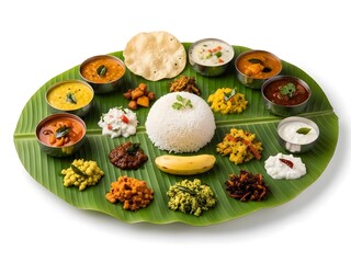 Traditional indian thali meal on banana leaf isolated on white background