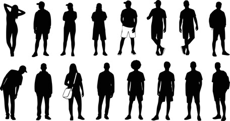 Vector silhouettes men and women, illustration. Silhouettes of young people posing in casual clothes. Transparent background EPS version.