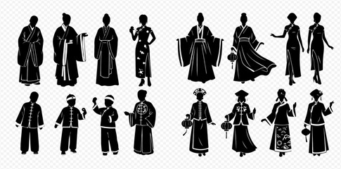 Silhouettes of traditional Chinese clothing for men, women, and children, showcasing cultural heritage and historical fashion styles.