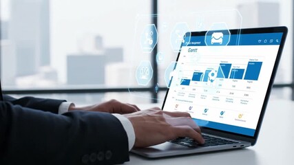 Business people in office use laptop for project management. They update tasks and view Gantt chart to plan work progress effectively