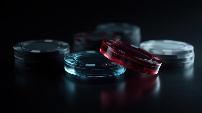 Poker Chips on a Dark Table. Modern Casino Gaming and Betting Concept. Poker Night.