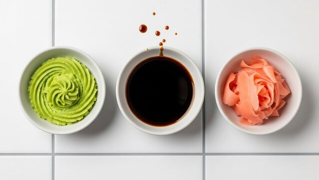 Bowls with wasabi, soy sauce and pickled ginger on white tile background