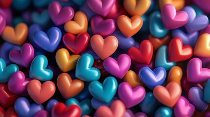 A vibrant collection of colorful heart-shaped candies in various sizes and hues, arranged together in a visually appealing display.