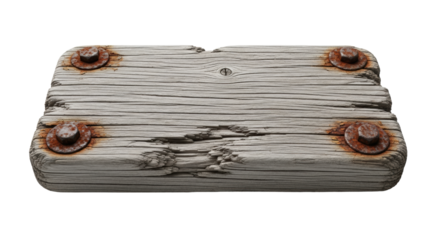 Extreme close-up of a transparent, distressed wooden plank with deep wood grain and rusty steel bolts, isolated on a transparent background with sharp shadows, concept of decay and rugged vintage