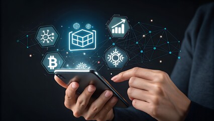 Hands holding a smartphone with holographic fintech icons, digital wallet, blockchain and online payment symbols glowing, dark background, modern financial technology concept, no face
