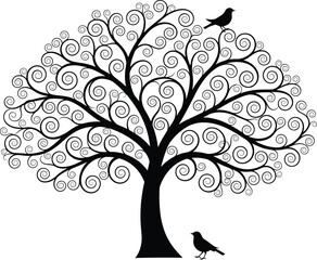 Ornamental swirling tree silhouette with birds, elegant black vector illustration for nature themed wall art, logo design, storytelling concepts, and decorative graphic backgrounds