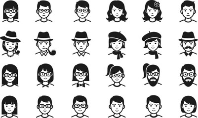 People avatar icons set in flat black style, diverse male and female face characters collection for user profiles, apps, websites, and interface design