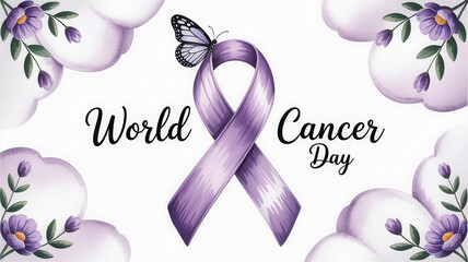 Celebrating world cancer day with symbolic purple ribbons and butterflies