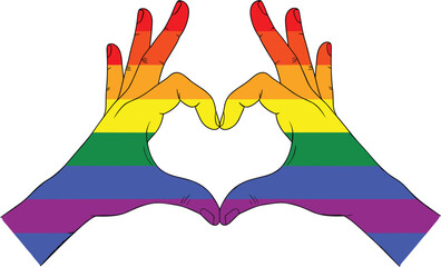 Rainbow pride hands forming heart shape vector illustration symbolizing love, equality, diversity, and inclusion, colorful human gesture design for LGBTQ awareness themes