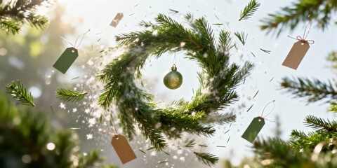 Exploding Christmas wreath with flying gift tags and green bauble. Dynamic winter holiday shopping sale background