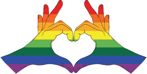 Rainbow pride hands forming heart shape vector illustration symbolizing love, equality, diversity, and inclusion, colorful human gesture design for LGBTQ themes and awareness campaigns