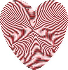 Red fingerprint heart shape vector illustration symbolizing love, identity, connection, and emotion, modern conceptual design for romance themes, branding, posters, and creative backgrounds