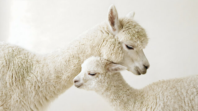 Caring mother alpaca nuzzling its small baby cria with love, cloud, dancer, copy space, background.