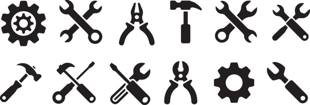 Tools and Service icons set. Wrench, screwdriver and gear icon. Screwdriver and wrench glyph icon. Settings and repair, service sign - stock vector.