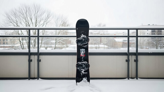 Snowboard Leaning on Balcony Railing Surrounded by Snowy Landscape for Winter Sports Blogs, Outdoor Adventures, Travel Articles, and Snow Enthusiast Content