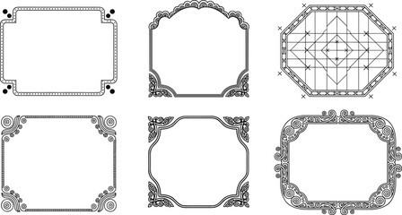 Vintage ornamental decorative frames set in black outline, elegant hand-drawn borders collection for labels, invitations, certificates, logos, and classic design layouts