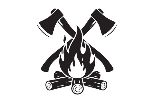 A striking black and white image of crossed axes and a campfire
