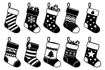 Fototapeta premium Hand drawn Christmas stocking set featuring various festive patterns and gifts for winter holiday designs