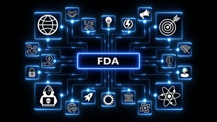 FDA acronym network animation with connected technology icons, glowing data nodes and regulated digital system workflow visualization on dark background