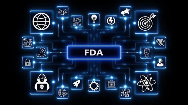 FDA acronym network animation with connected technology icons, glowing data nodes and regulated digital system workflow visualization on dark background