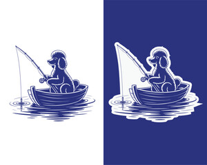Adorable Poodle Sitting in Boat While Fishing Illustration