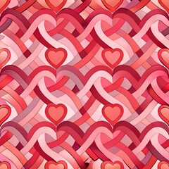 Abstract heart pattern in various shades of pink and red. Seamless design with interwoven heart shapes in a repeating pattern.