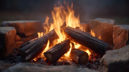 A vibrant campfire burns brightly with logs and flickering flames in a stone enclosure creating a warm and inviting atmosphere
