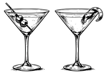 Hand drawn line art martini glass set featuring a drink with olives and another with a lemon twist for bar and restaurant menus