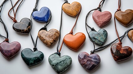 A collection of heart-shaped stone pendants on leather cords arranged on a white surface