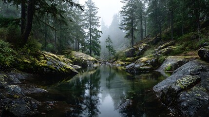 Obraz premium Misty forest scene with a tranquil stream reflecting trees. Moody atmosphere