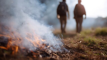 Obraz premium Two distant hikers walk along a dirt path with plumes of smoke and flames from a small fire in the foreground illuminated by soft afternoon sunlight