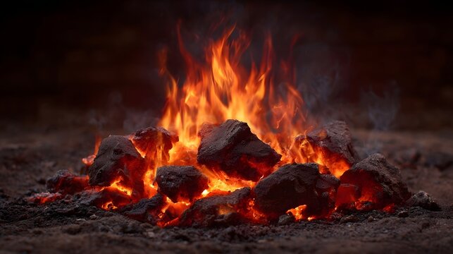 A roaring bonfire with vibrant orange flames glowing red embers and rising smoke in the darkness - Powered by Adobe