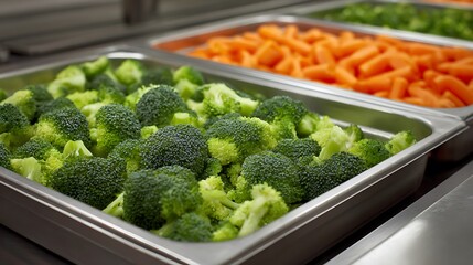 Buffet line close-up showcasing diverse fresh vegetables broccoli, carrots, and green options