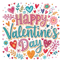 Happy Valentine's Day graphic design with colorful decorative elements. Whimsical text and floral design with hearts and other decorative elements displayed on white background.
