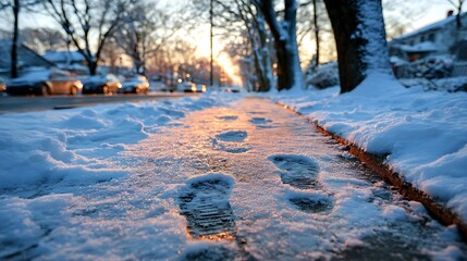 Footprints in snow along a sunlit sidewalk with cars and houses on a wintry street