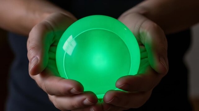 Green glowing orb held in hands conveys futuristic technology, magic, and healing concept