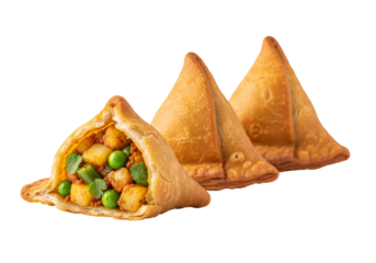 three vegetable samosas with bright filling on white background
