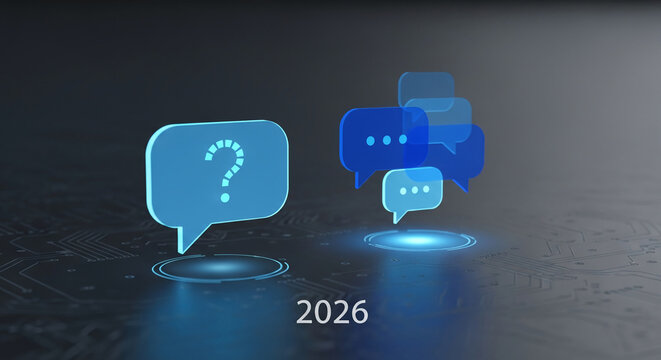 Illuminated chat bubbles on a tech surface, one with a question mark, represent communication. "2026" suggests future technology interaction - Powered by Adobe