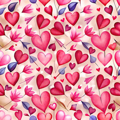 Romantic heart pattern with floral and arrow accents on a light beige background. A whimsical design with various sizes and shades of pink and red hearts. flowers. and arrows.