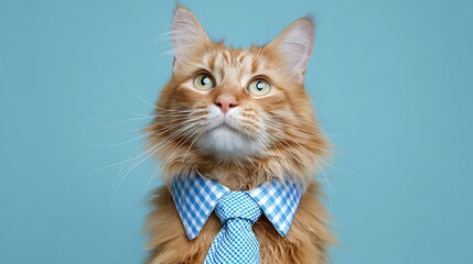 A regal orange cat, wearing a blue checkered tie, gazes upwards against a turquoise backdrop