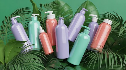 Colorful Skincare Product Bottles with Tropical Leaves Background