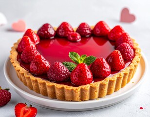 Valentine fruit tart, glossy fruit topping, neutral background
