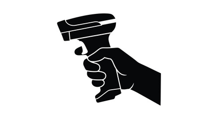 A striking black silhouette of a hand firmly grasping a barcode scanner technology illustration silhouette © AL-AMIN