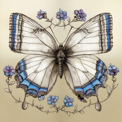 Hand-drawn butterfly illustration surrounded by purple flowers  