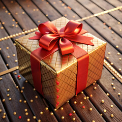 Golden gift box with red ribbon. resting on a wooden surface. Elegant present. ready for a special occasion.