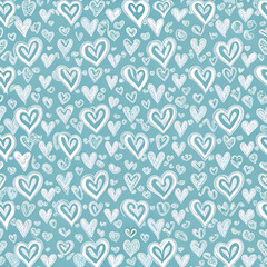 Abstract pattern of various stylized hearts in white on a light teal background. A simple. whimsical design with a soft. pastel tone.
